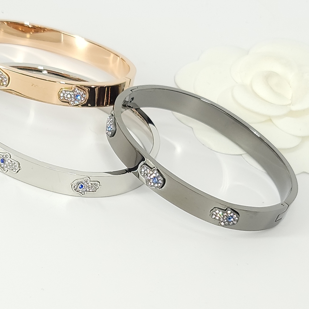 NEW Hamsa Pave CZ Stainless Steel Bangle Bracelet - Picture 8 of 10